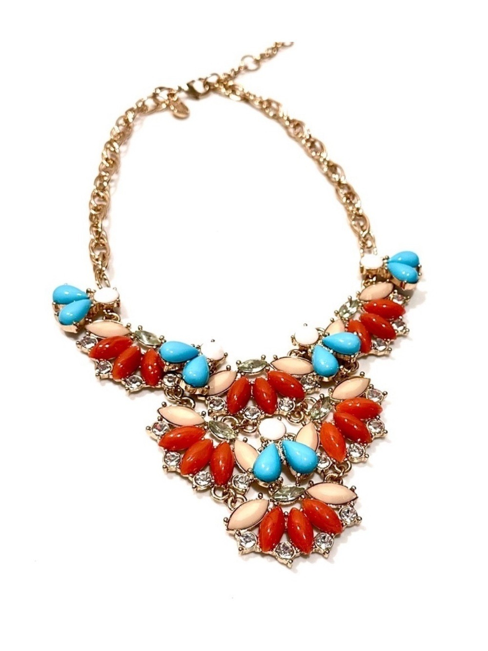 LEE ANGEL for NEIMAN MARCUS Coral Red & Blue Bib Gold Necklace NWT